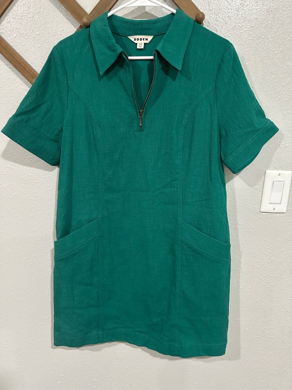 Boden Women's US  8 Bottle Green Zip Detail Mini Shift Dress Mod Textured